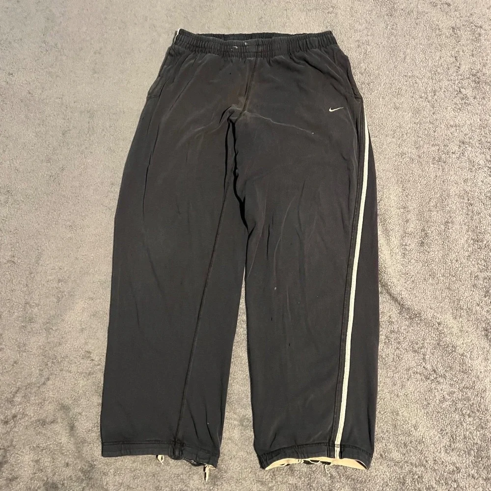 Vintage Y2K Baggy Nike Track Pants Mens Large Black Side Stripe Swoosh Thrashed